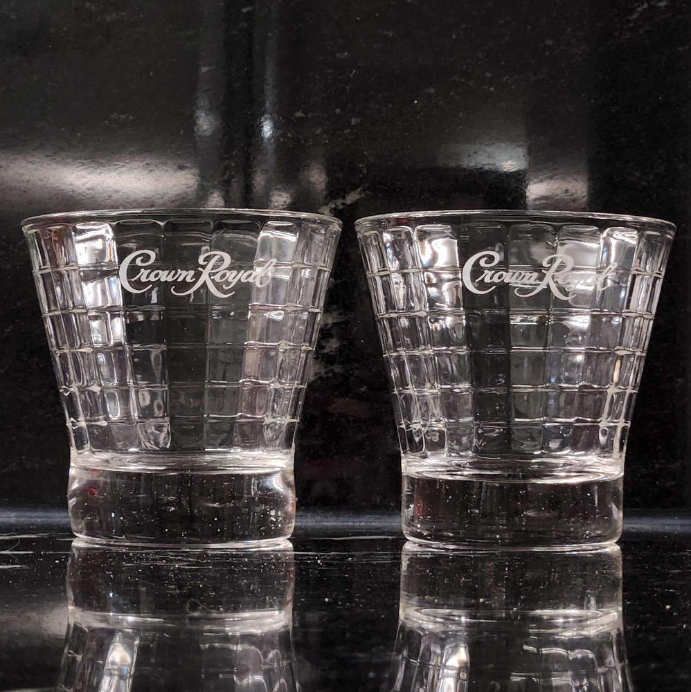 Set of 2 Crown Royal Optic Block Retro Whiskey Low Ball Glass Tumbler